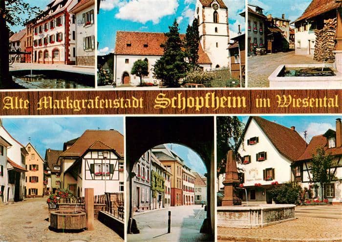 Schopfheim BW Brunnen Kirche Ortspartien – Ansichtskarte Schopfheim