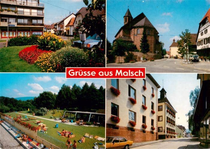 Malsch Ettlingen Karlsruhe BW Blumenbeet Kirche Fachwerk Schwimmbad Rathaus Stra – Ansichtskarte Malsch