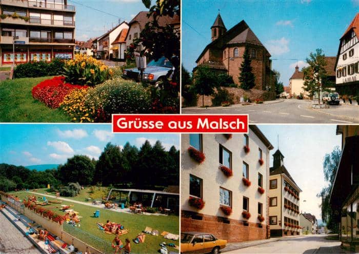 Malsch Ettlingen Karlsruhe BW Blumenbeet Kirche Fachwerk Schwimmbad Rathaus Stra – Ansichtskarte Malsch