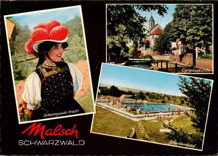 Malsch Ettlingen Karlsruhe BW Schwarzwald-Tracht Cyriakuskirche Schwimmbad Bolle – Ansichtskarte Malsch