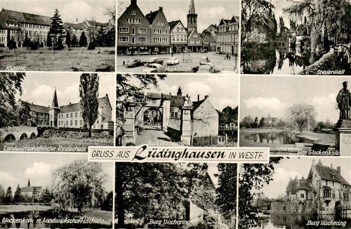 Luedinghausen Kloster Marktplatz Steverwall Schule Burg Vischering Glockenkolk S – Ansichtskarte Lüdinghausen