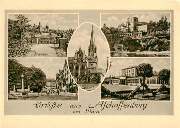Aschaffenburg Main Schloss Stiftskirche Hauptbahnhof Siegfried-Denkmal – Ansichtskarte Aschaffenburg
