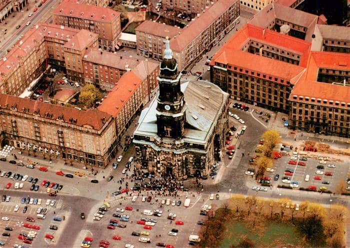 DRESDEN Elbe Fliegeraufnahme mit Kreuzkirche – Ansichtskarte Dresden Elbe