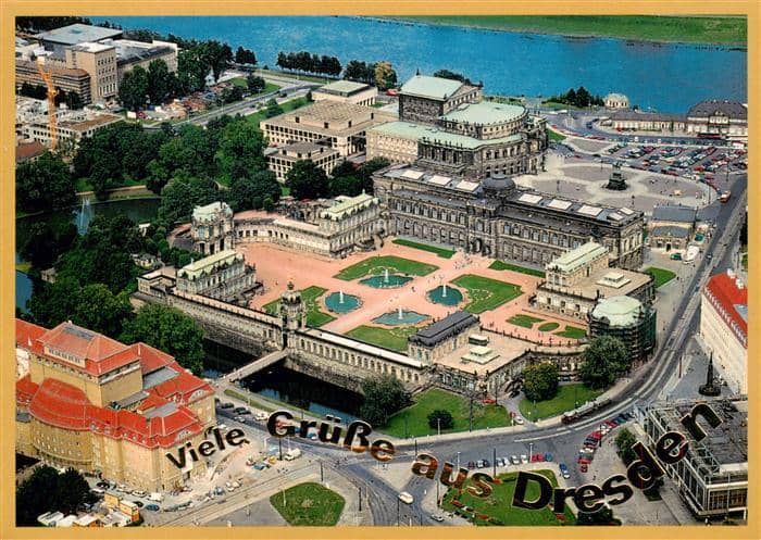 DRESDEN Elbe Fliegeraufnahme Rund um den Zwinger – Ansichtskarte Dresden Elbe