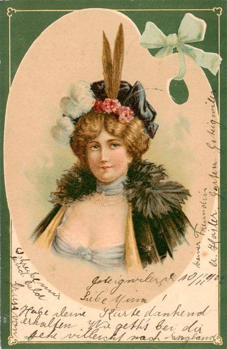 Hutmode Frau litho – Ansichtskarte