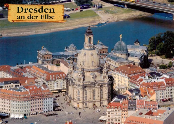 DRESDEN Elbe Fliegeraufnahme mit Frauenkirche – Ansichtskarte Dresden Elbe