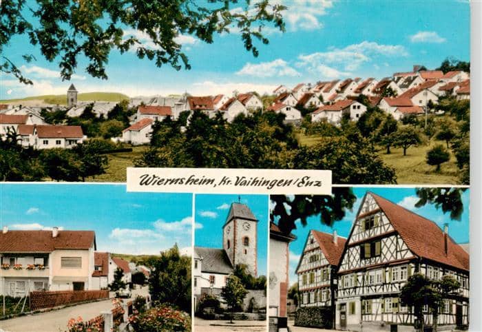 Wiernsheim Panorama Ortspartien Kirche – Ansichtskarte Wiernsheim