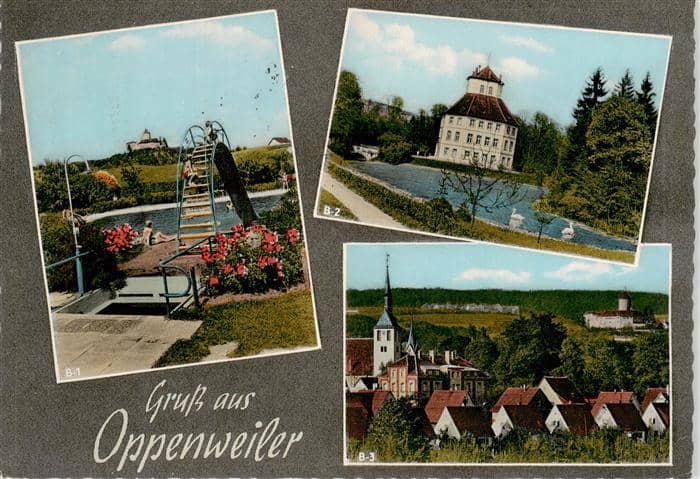 Oppenweiler Freibad Schloss Sturmfeder Rathaus Burg Reichenberg – Ansichtskarte Oppenweiler