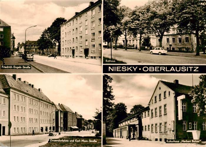 Niesky Oberlausitz Sachsen Friedrich Engels Strasse Rathaus Zinsendorfplatz Kult – Ansichtskarte Niesky