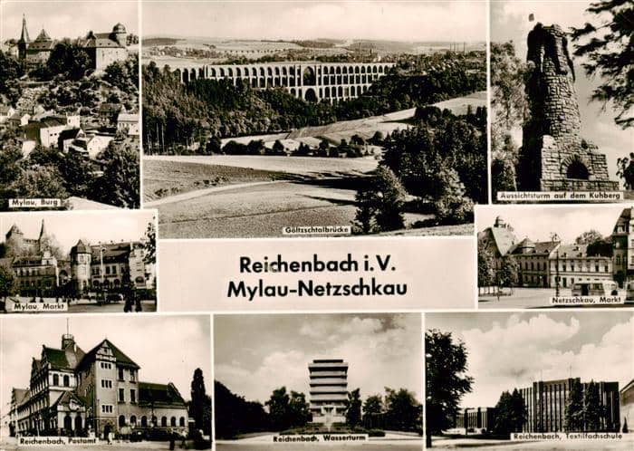 Reichenbach  Vogtland Postamt Wasserturm Textilfachschule OT Mylau Burg Markt OT – Ansichtskarte Reichenbach