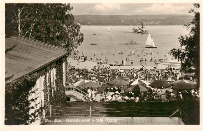 Ammersee Bayern Strandbad Seerestaurant-Foerster Cafe-Foerster See Segelboot Dam – Ansichtskarte Utting a.Ammersee