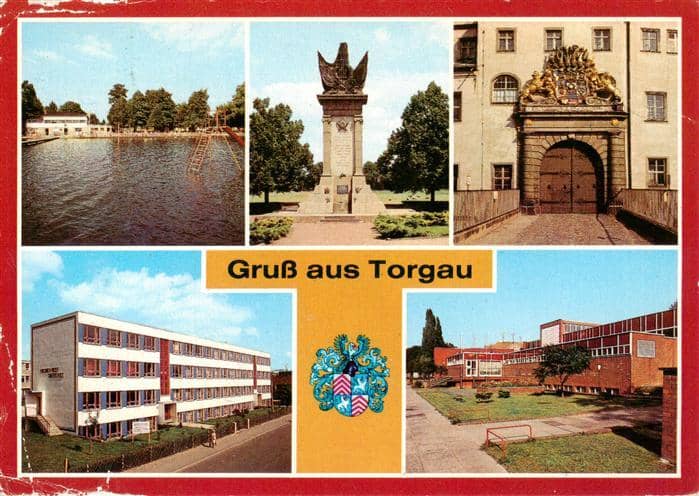 Torgau Strandbad Denkmal-der-Begegnung Schloss-Hartenfels Friedrich-Wolf-Obersch – Ansichtskarte Torgau
