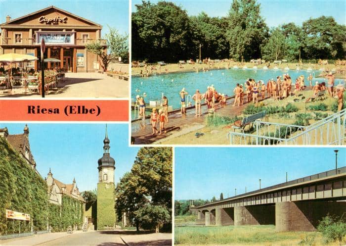 Riesa Sachsen Filmtheater-Capitol Freibad Rathaus Neue-Elbbruecke Elbe Mehrbildk – Ansichtskarte Riesa