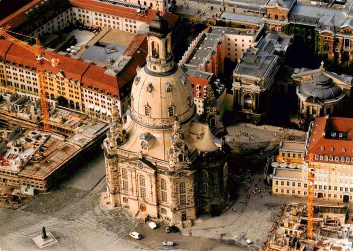DRESDEN Elbe Frauenkirche Fliegeraufnahme Luftbild Neumarkt Kuppel Baustelle Wie – Ansichtskarte Dresden Elbe