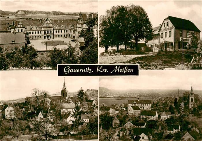 Gauernitz Sachsen Schloss Grundschule Elbschloesschen Kirche Dorfansicht Panoram – Ansichtskarte Klipphausen