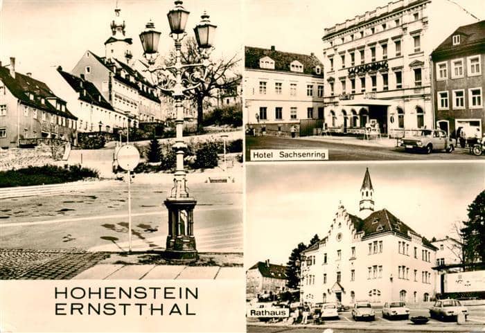Hohenstein-Ernstthal Sachsen Hotel-Sachsenring Rathaus Strassenlaterne Wohnhaeus – Ansichtskarte Hohenstein-Ernstthal