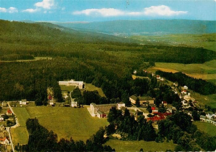 Bad Alexandersbad Fliegeraufnahme Fichtelgebirge Wald Kurort Sanatorium Wiesen T – Ansichtskarte Bad Alexandersbad