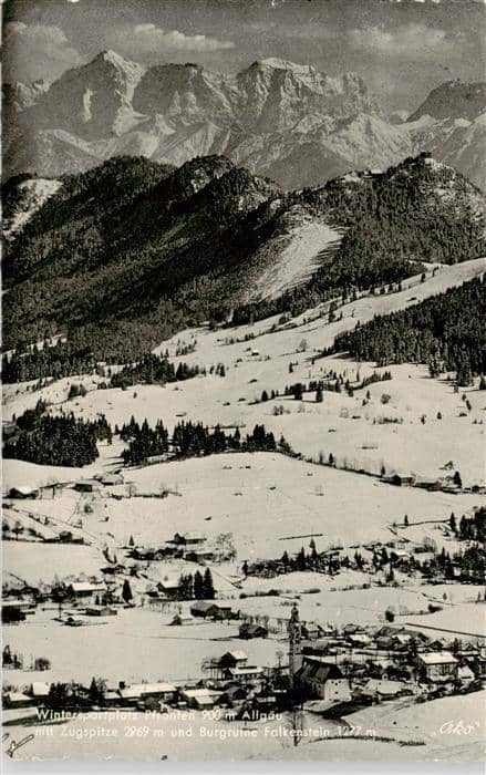 Pfronten Bayern Winterpanorama Blick gegen Zugspitze und Burgruine Falkenstein – Ansichtskarte Pfronten