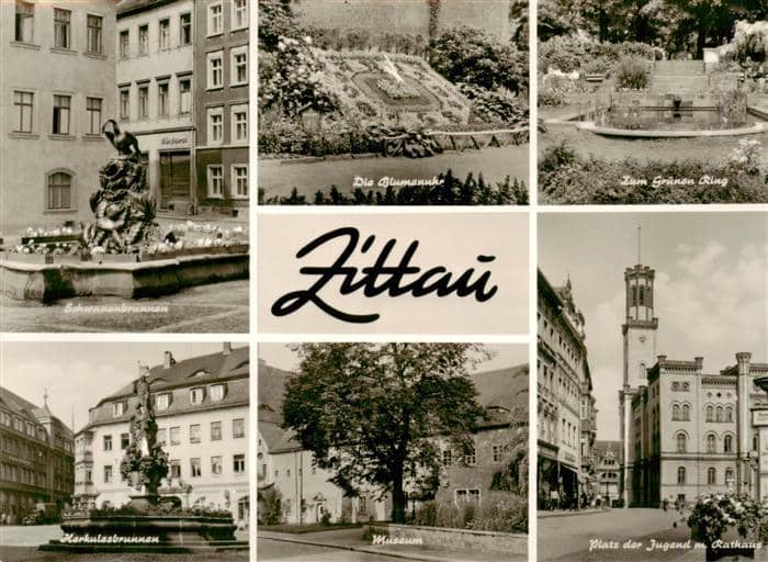 Zittau Sachsen Schwanenbrunnen Blumenuhr Zum Gruenen Ring Herkulesbrunnen Museum – Ansichtskarte Zittau