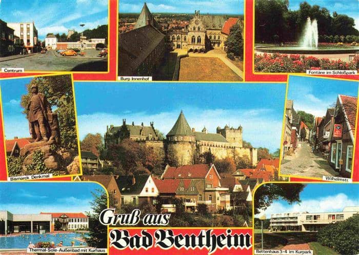 Bad Bentheim Burg-Innenhof Schlosspark Bismarck-Denkmal Wilhelmstr Kurhaus Therm – Ansichtskarte Bad Bentheim