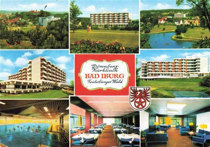 Bad Iburg Doerenberg-Kurklinik Parkanlagen Hallenbad Speisesaal Aufenthaltsraum – Ansichtskarte Bad Iburg