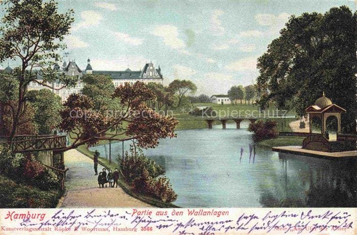HAMBURG  CITY Wallanlagen Park See Pavillon Bruecke Spaziergaenger Schloss Baeum – Fronte