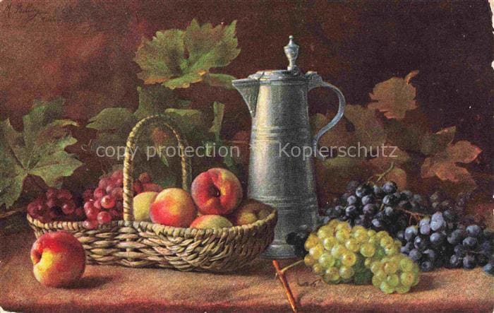 BILLING M. Kuenstlerkarte Stillleben Obst Kanne Trauben Pfirsich – Vorderseite