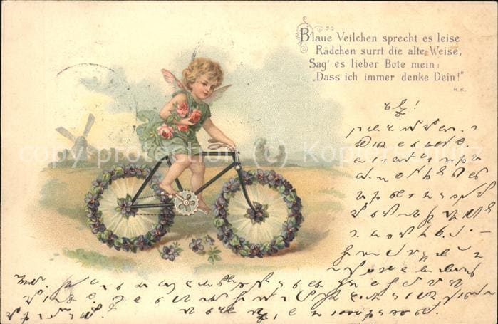 Fahrrad Engel Blumen Poesie Bote – Vorderseite