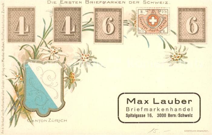 Briefmarken auf Postkarte Erste Briefmarken der Schweiz – Vorderseite