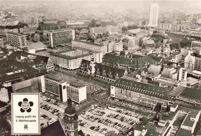 LEIPZIG Sachsen Marktplatz Altes-Rathaus Fliegeraufnahme Stadtpanorama Weltfests – Vorderseite