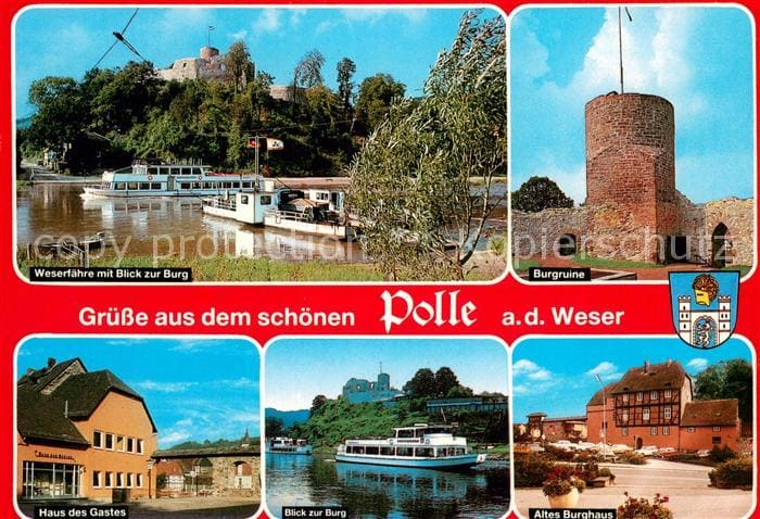 Polle Oberweser Holzminden Niedersachsen Weserfaehre mit Burgblick Burgruine Hau – Vorderseite