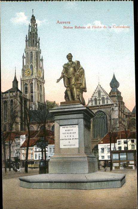 Anvers Antwerpen Statue Rubens et Fleche do la Cathedral
