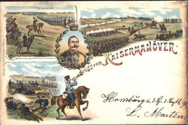 Wilhelm II Gruss vom Kaisermanöver Litho