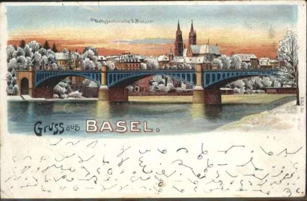 Basel BS Wettsteinbrücke Münster Winterlitho