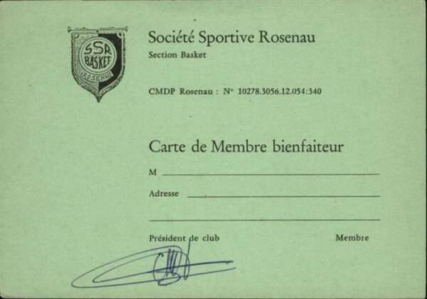 Rosenau Haut-Rhin Carte de Membre bienfaiteur