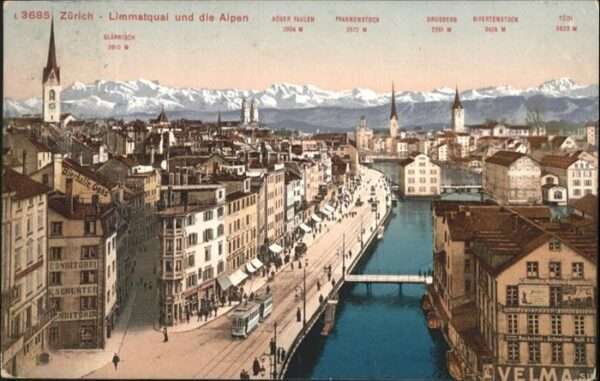 Zuerich Limmatquai Brücke Alpen