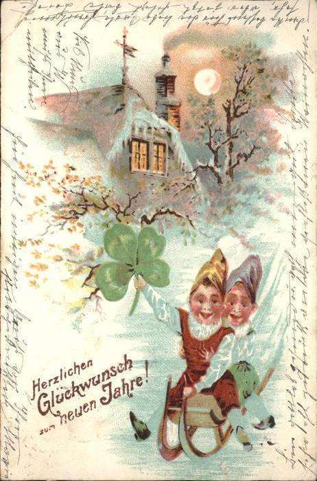 Neujahr Kinder Schlitten Kleeblatt Prägedruck