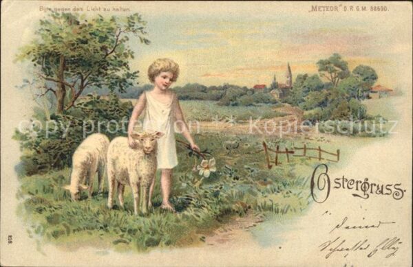METEOR Hold to Light Nr. 218 88690 Ostern Kind Schafe Litho