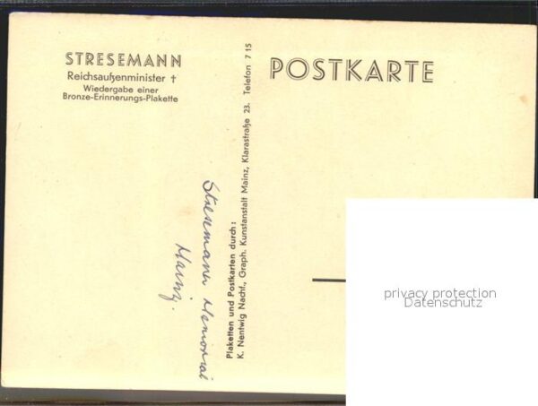 Politiker Gustav Stresemann Bronze-Erinnerungs-Pl – Bild 2
