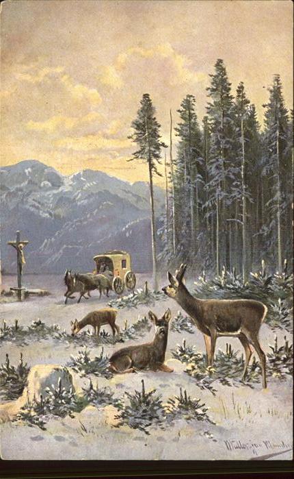 Kuenstlerkarte Kutsche Rehe Winter