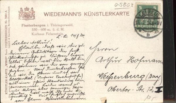 Verlag Wiedemann WIRO Nr. 3484 A Finsterbergen Kurhaus Felsenstei – Bild 2