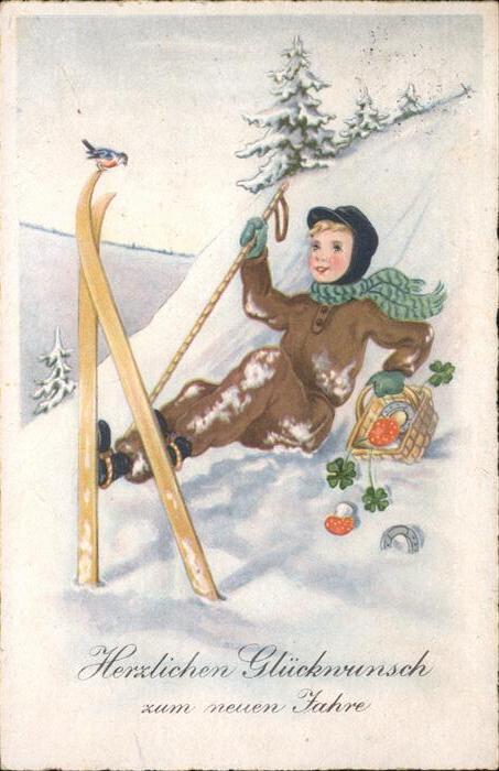Skifahren Neujahr Kind Hufeisen Kleeblatt Pilze V