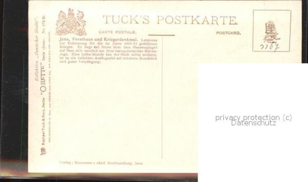 Verlag Tucks Oilette Nr. 179 B Jena Forsthaus Kriegerdenkmal – Bild 2
