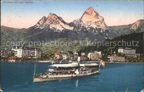 Dampfer Seitenrad Wilhelm Tell Brunnen Mythen