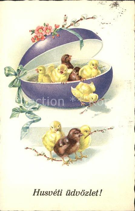 Ostern Easter Paques Küken Osterei Weidenkätzchen Litho