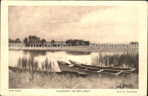 Kuenstlerkarte Adolf Stäbli Landschaft an der Limmat