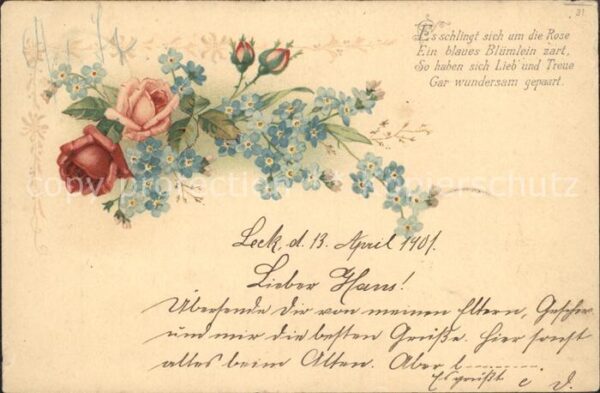 Rosen Vergissmeinnicht Gedicht Litho
