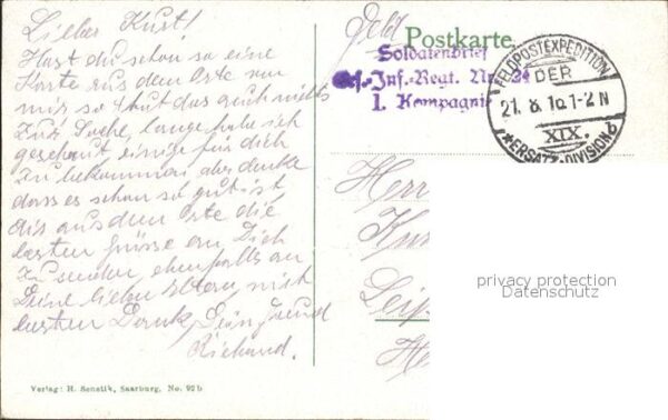 Feldpost-Stempel WK1 Bremenil Frankreich XIX. Ersatz-Divisio – Bild 2