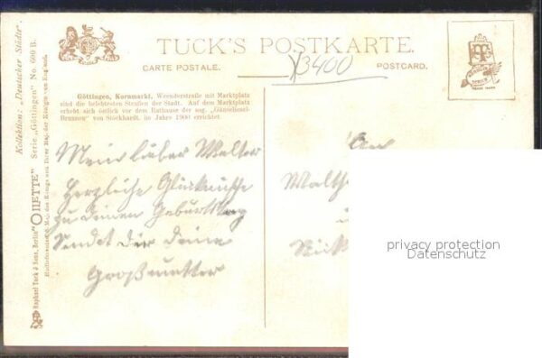 Verlag Tucks Oilette Nr. 600 B Göttingen Kornmarkt W. Krahmer – Bild 2
