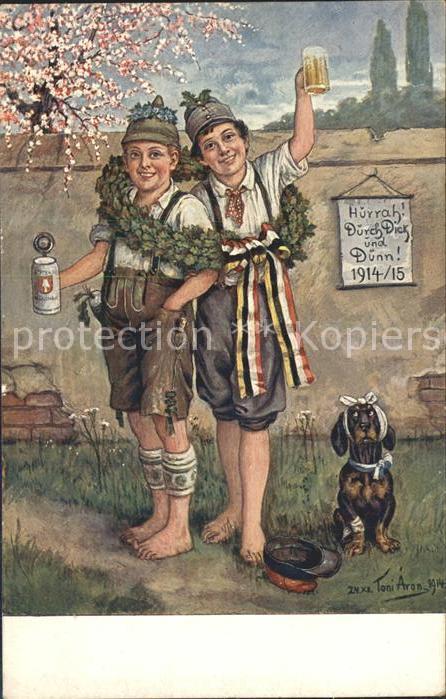Dackel Dachshund Teckel Hunde dogs Chien Kinder Prosit Bier Pickelhaube WK1 Küns